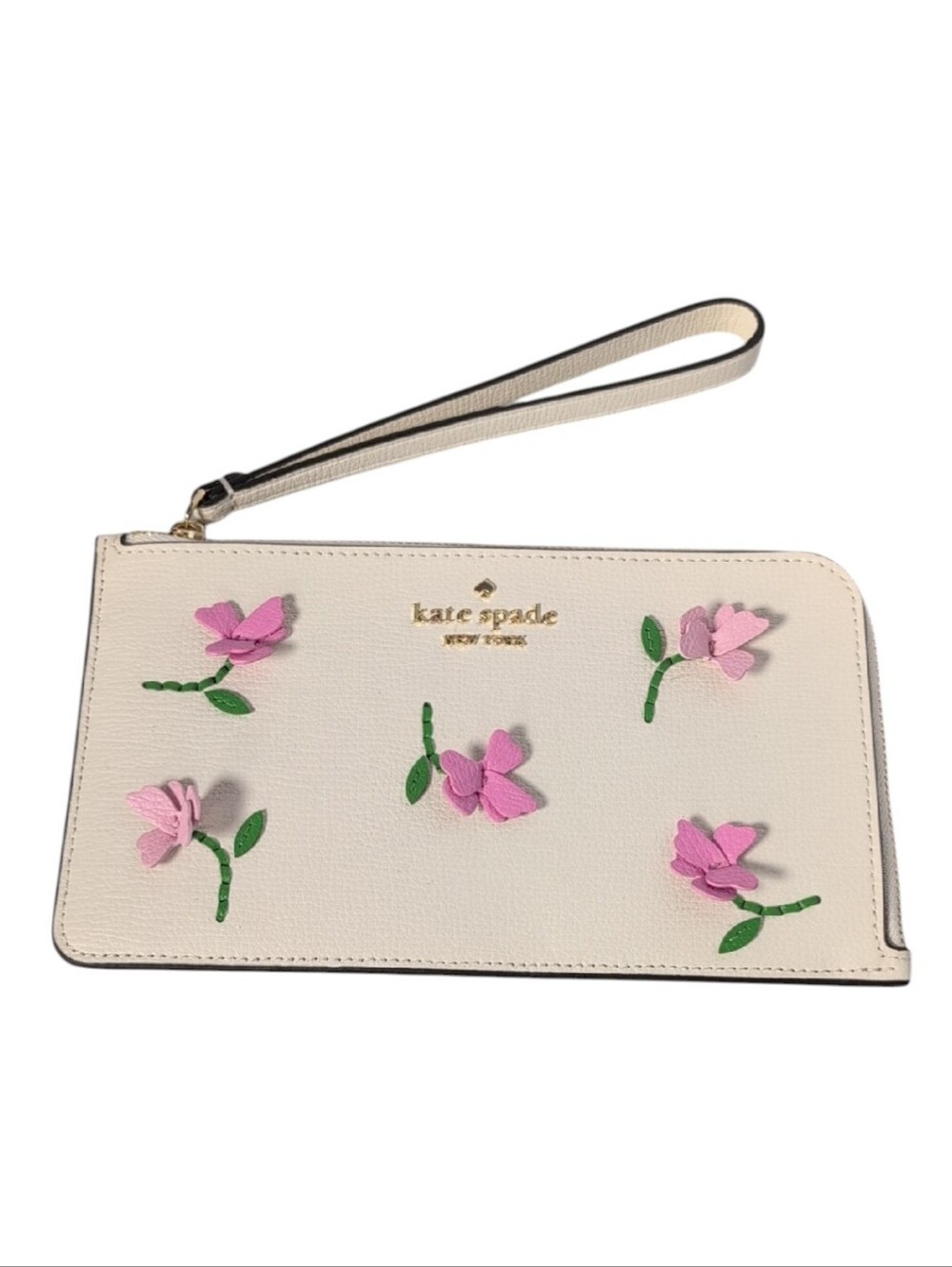 Kate Spade Lucy Medium LZip Leather Wristlet in Meringue Floral Applique NEW!